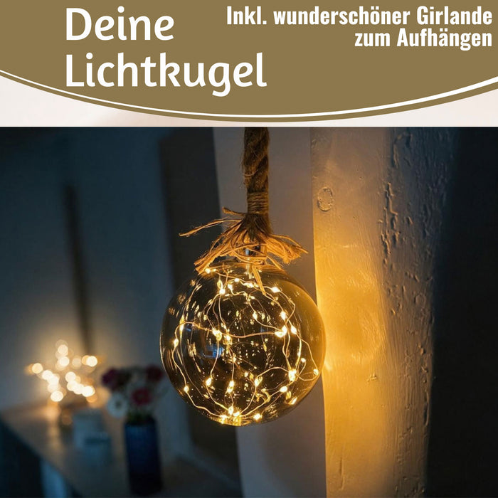 KI-generiertes Bild,XL LED Deko Glas Licht-Kugel 14cm Hanf-Tau Timer WarmWeiß Batterie Sisal-Seil