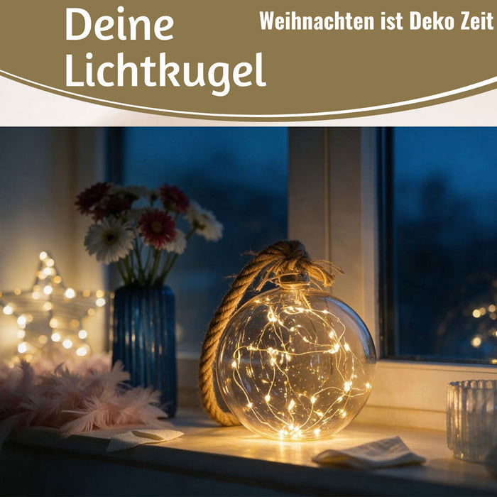 KI-generiertes Bild,XL LED Deko Glas Licht-Kugel 14cm Hanf-Tau Timer WarmWeiß Batterie Sisal-Seil