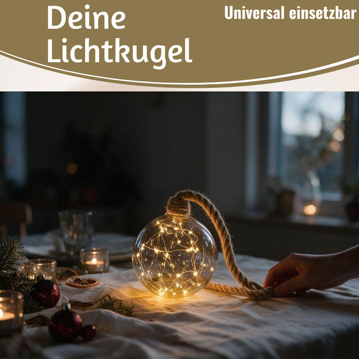 KI-generiertes Bild,XL LED Deko Glas Licht-Kugel 14cm Hanf-Tau Timer WarmWeiß Batterie Sisal-Seil