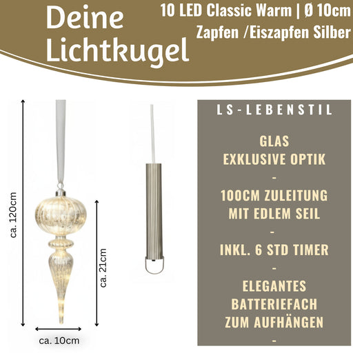 KI-generiertes Bild,XL Deko Glas Lichtkugel 10 LED 27cm Zapfen Silber Glaskugel Timer Batterie Anhängen