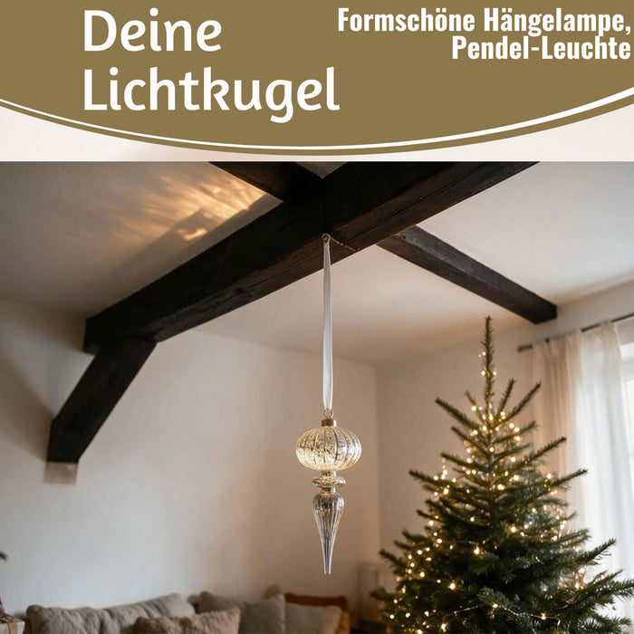 KI-generiertes Bild,XL Deko Glas Lichtkugel 10 LED 27cm Zapfen Silber Glaskugel Timer Batterie Anhängen