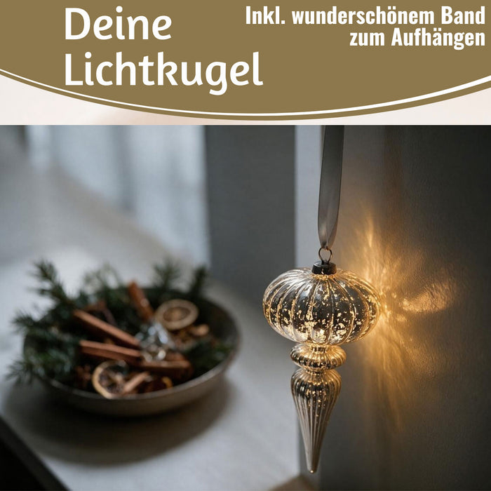 KI-generiertes Bild,XL Deko Glas Lichtkugel 10 LED 27cm Zapfen Silber Glaskugel Timer Batterie Anhängen