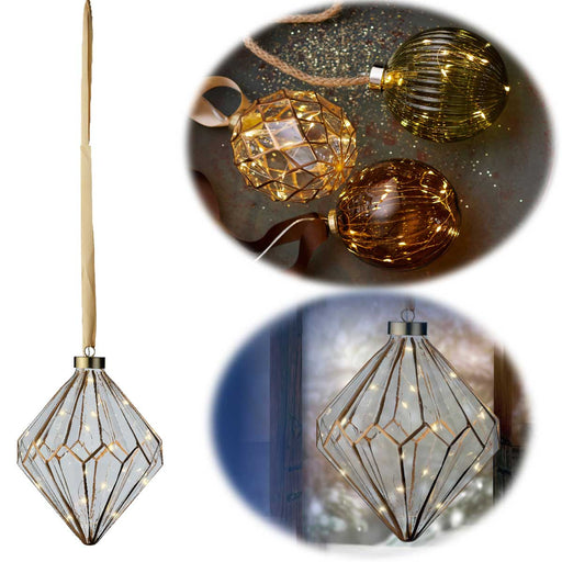 KI-generiertes Bild XL Deko Glas Lichtkugel 15 LED 16cm Diamant Klar Gold Timer Batterie Gold zum Anhängen