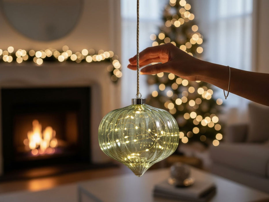 KI-generiertes Bild,XL Deko Glas Lichtkugel 15 LED 20cm Zwiebel Grün Timer Batterie Band zum Anhängen