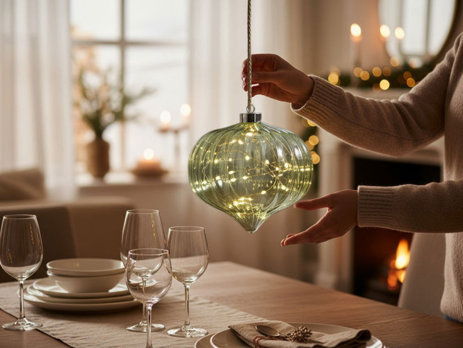 KI-generiertes Bild,XL Deko Glas Lichtkugel 15 LED 20cm Zwiebel Grün Timer Batterie Band zum Anhängen