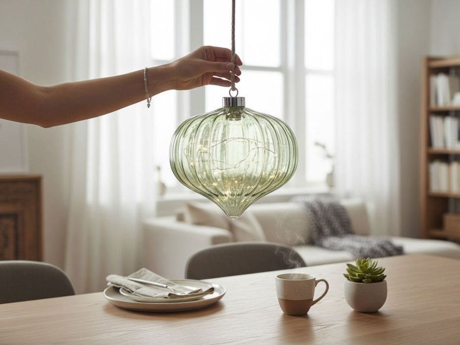 KI-generiertes Bild,XL Deko Glas Lichtkugel 15 LED 20cm Zwiebel Grün Timer Batterie Band zum Anhängen
