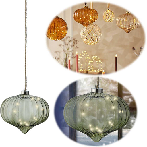 KI-generiertes Bild XL Deko Glas Lichtkugel 15 LED 20cm Zwiebel Grün Timer Batterie Band zum Anhängen