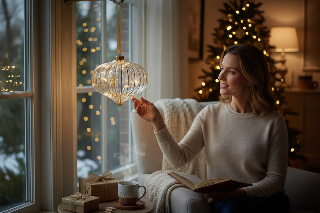 KI-generiertes Bild,XL Deko Glas Lichtkugel 15 LED 20cm Zwiebel Klar Gold Timer Batterie Band zum Anhängen