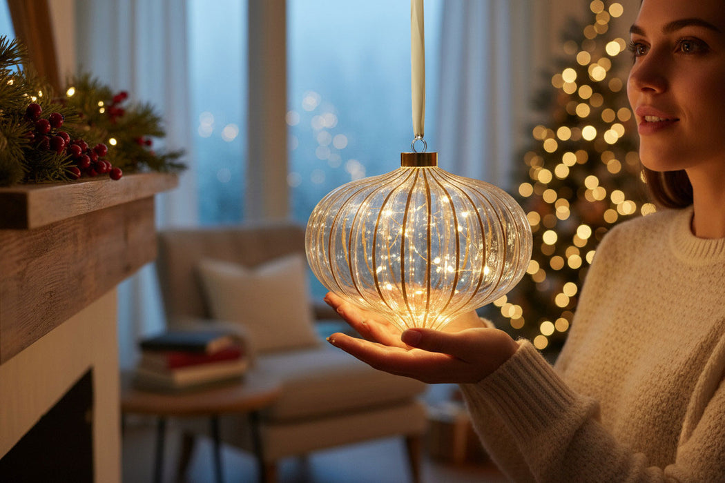 KI-generiertes Bild,XL Deko Glas Lichtkugel 15 LED 20cm Zwiebel Klar Gold Timer Batterie Band zum Anhängen