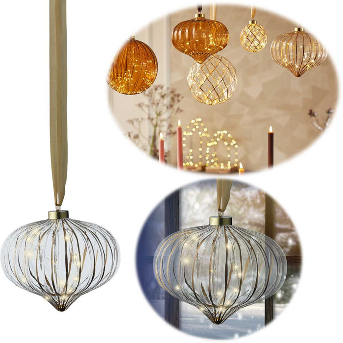 KI-generiertes Bild XL Deko Glas Lichtkugel 15 LED 20cm Zwiebel Klar Gold Timer Batterie Band zum Anhängen