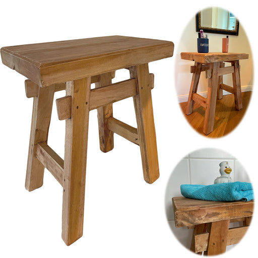 KI-generiertes Bild XL Vintage Holzhocker Teak Holz 50cm Hocker Sitzhocker Beistelltisch Barhocker