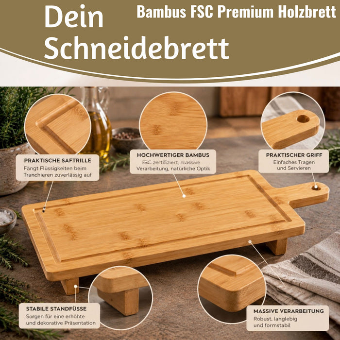 KI-generiertes Bild,XL Holz Schneidebrett 50cm auf Füßen Bambus Saftrille Serviertablett Vesperbrett