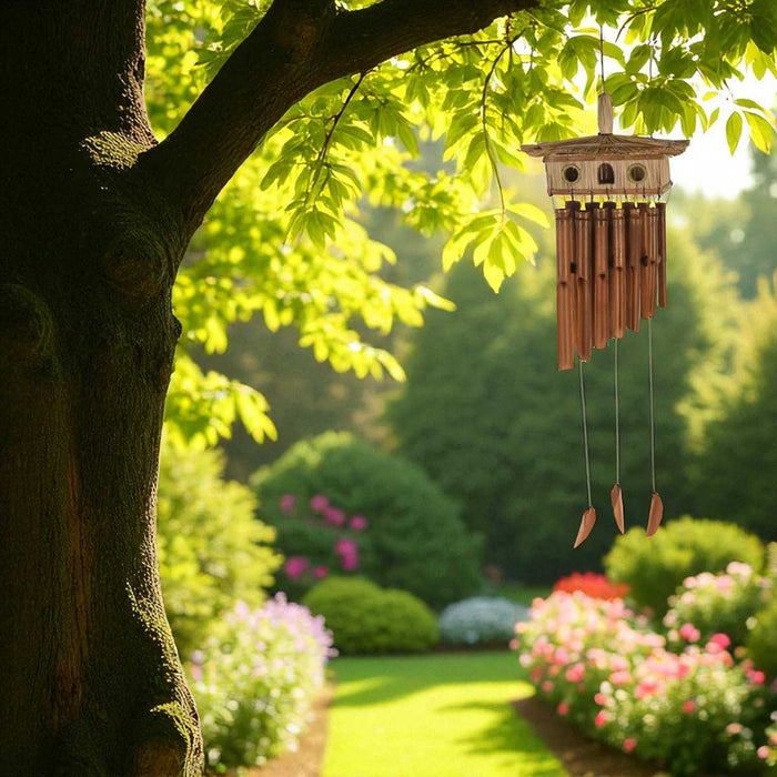 KI-generiertes Bild,Holz Windspiel Klang-Spiel Bambus 90x28cm Vogelhaus Klangröhren Garten Feng Shui