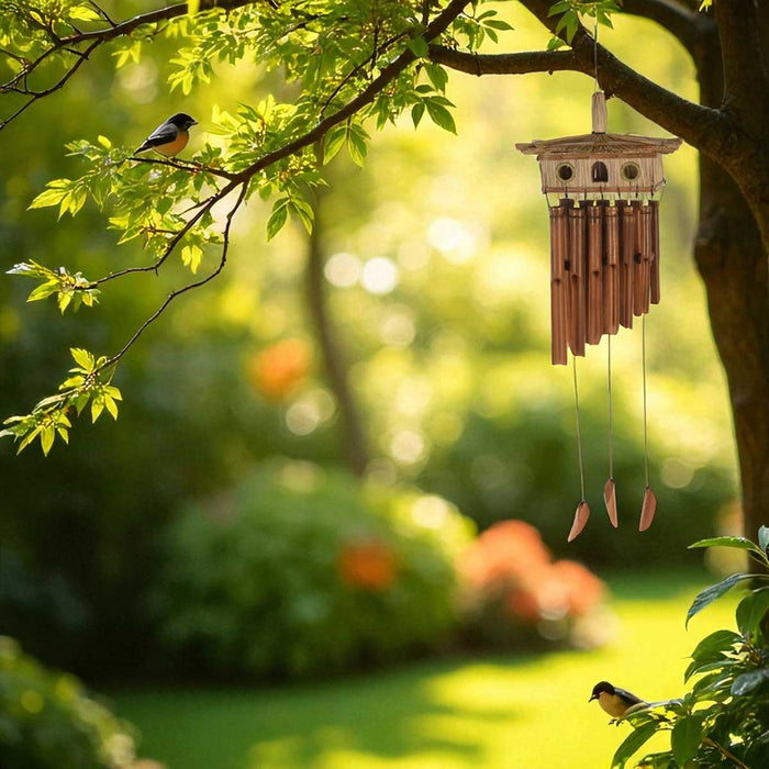KI-generiertes Bild,Holz Windspiel Klang-Spiel Bambus 90x28cm Vogelhaus Klangröhren Garten Feng Shui