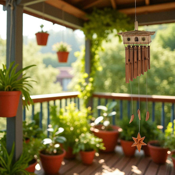 KI-generiertes Bild,Holz Windspiel Klang-Spiel Bambus 90x28cm Vogelhaus Klangröhren Garten Feng Shui