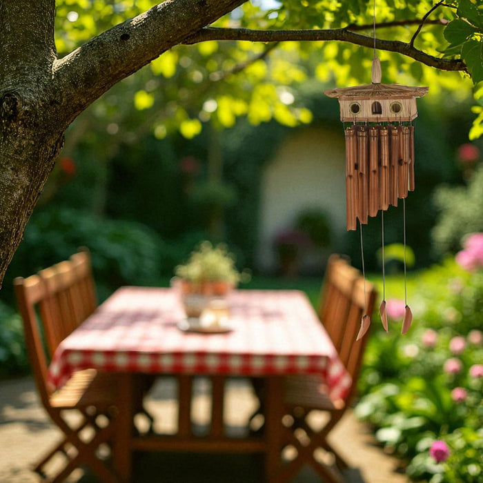 KI-generiertes Bild,Holz Windspiel Klang-Spiel Bambus 90x28cm Vogelhaus Klangröhren Garten Feng Shui