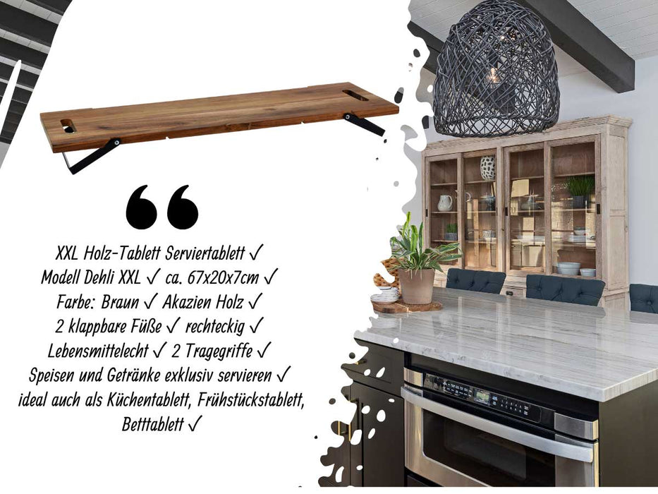 KI-generiertes Bild,XXL Akazie Serviertablett 67cm klappbar Holz Tablett Tabletttisch Frühstückstablett